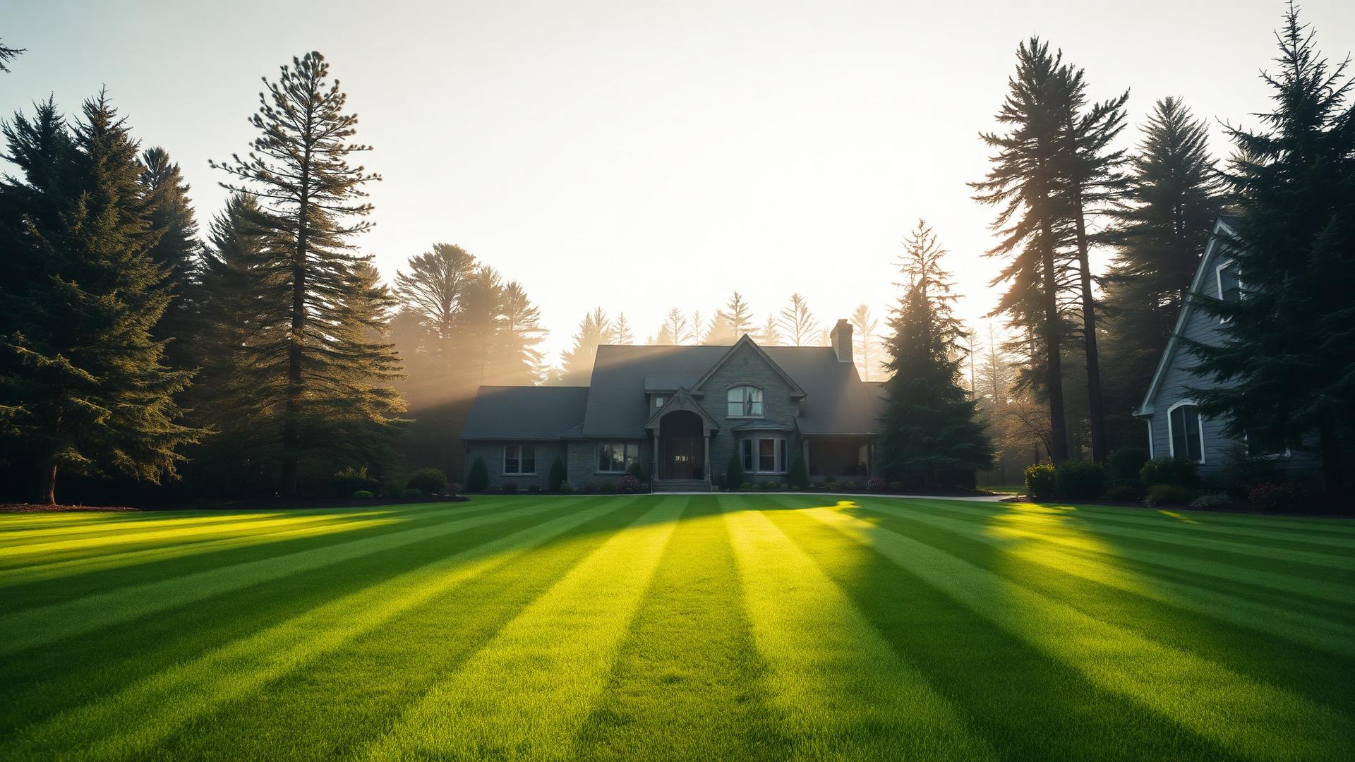 Freshly mowed striped lawn in front of a Northeast Ohio home